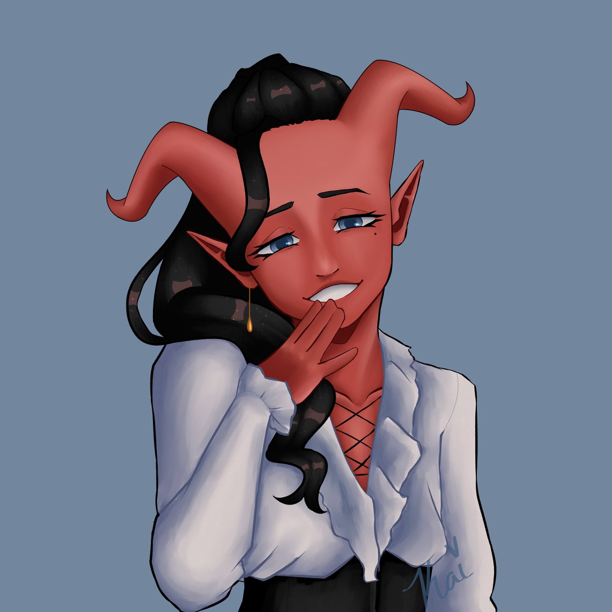 KaishoDraws's tweet photo. A friend's character I drew, they'll be playing this lovely tiefling on Saturday! 

#dnd #dndcharacter #dndcharacterart #dndart #digitalart https://t.co/QaBE5VGRoz