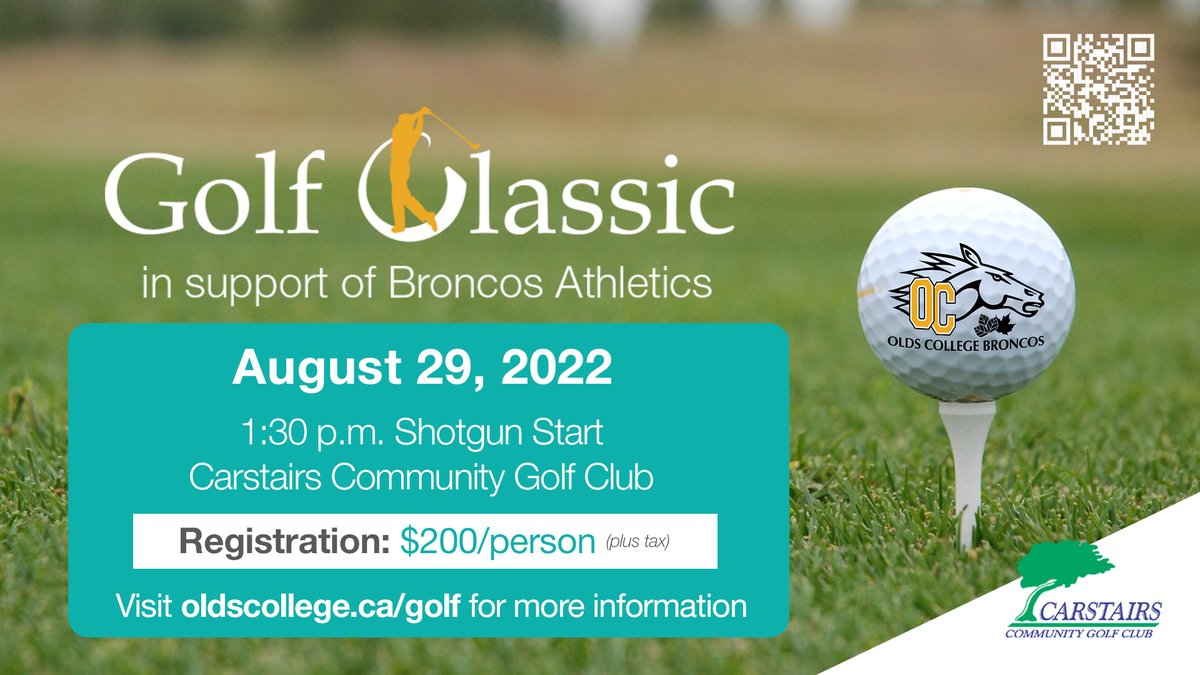 OldsBroncos's tweet photo. The Olds College Golf Classic is coming up fast!

Don't miss out on this incredible event on August 29 in support of Broncos student-athletes, as we're excited to be hosting an in-person event once again!

Scan the QR Code in the image to register! #GoBroncos #HorsePower https://t.co/bmxHfrD8Ej
