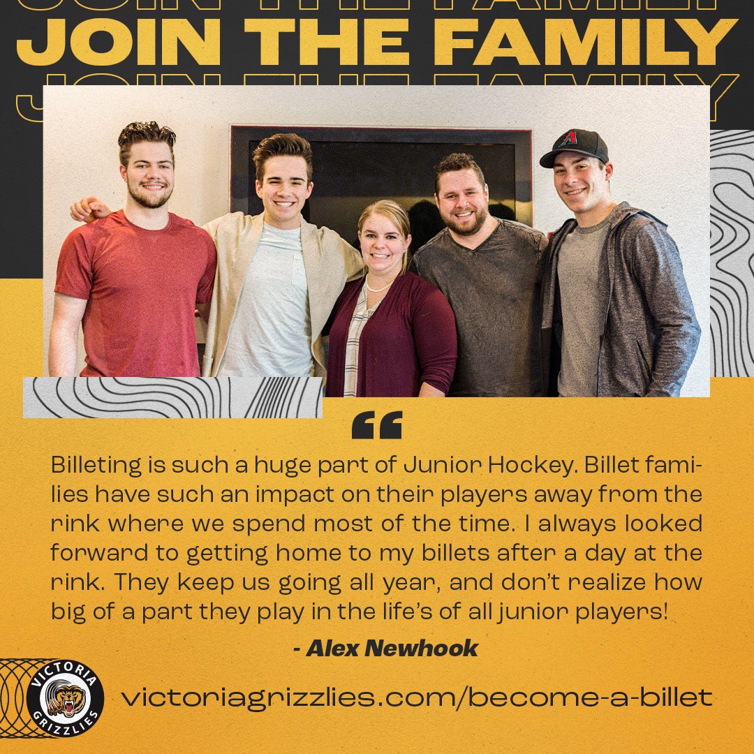 The Victoria Grizzlies are looking for host families to billet players for the upcoming season.

Billet families get great benefits including season tickets for the family and memories that last a lifetime.