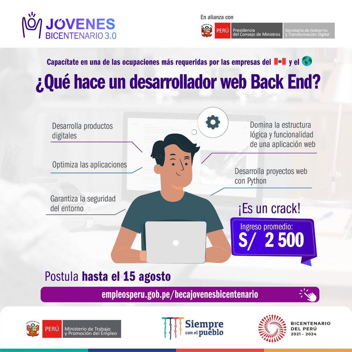 ¿Aún no has decidido a cuál de los cursos de la beca #JóvenesBicentenario 3.0 postular? Conoce más sobre lo que puedes hacer como desarrollador web Back End 💡⚙️👩🏻‍💻, unas de las ocupaciones con más demanda laboral en la actualidad. Más información aquí 📲: empleosperu.gob.pe/becajovenesbic…