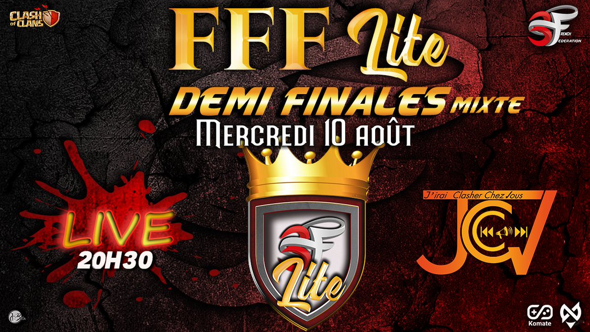 French Family (@3fcoc) on Twitter photo On se retrouve ce à partir de 21h30 pour les 1/4 de finale de la FFF Lite Full chez <a href="/NedLowC/">NedLow</a> et Calvin.
Quant aux demi-finales de la Mixte, c'est <a href="/katiaJCCV/">Katia / J'irai clasher chez vous</a> qui nous fait le plaisir de les caster à 20h30.😘
Go supporter vos équipes et/ou streamers préférés.
Have fun & Clash On On se retrouve ce à partir de 21h30 pour les 1/4 de finale de la FFF Lite Full chez <a href="/NedLowC/">NedLow</a> et Calvin.
Quant aux demi-finales de la Mixte, c'est <a href="/katiaJCCV/">Katia / J'irai clasher chez vous</a> qui nous fait le plaisir de les caster à 20h30.😘
Go supporter vos équipes et/ou streamers préférés.
Have fun & Clash On