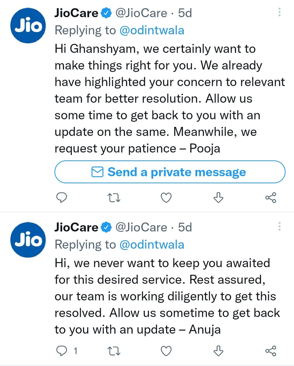 odintwala's tweet photo. @JioCare @Mohamma53314769 Same tweet evertime with minor wordplay.. thats the maximum they are able do for you. Expect nothing more, because @JioCare is useless and #JioSucks https://t.co/DGu7Gt8pTY