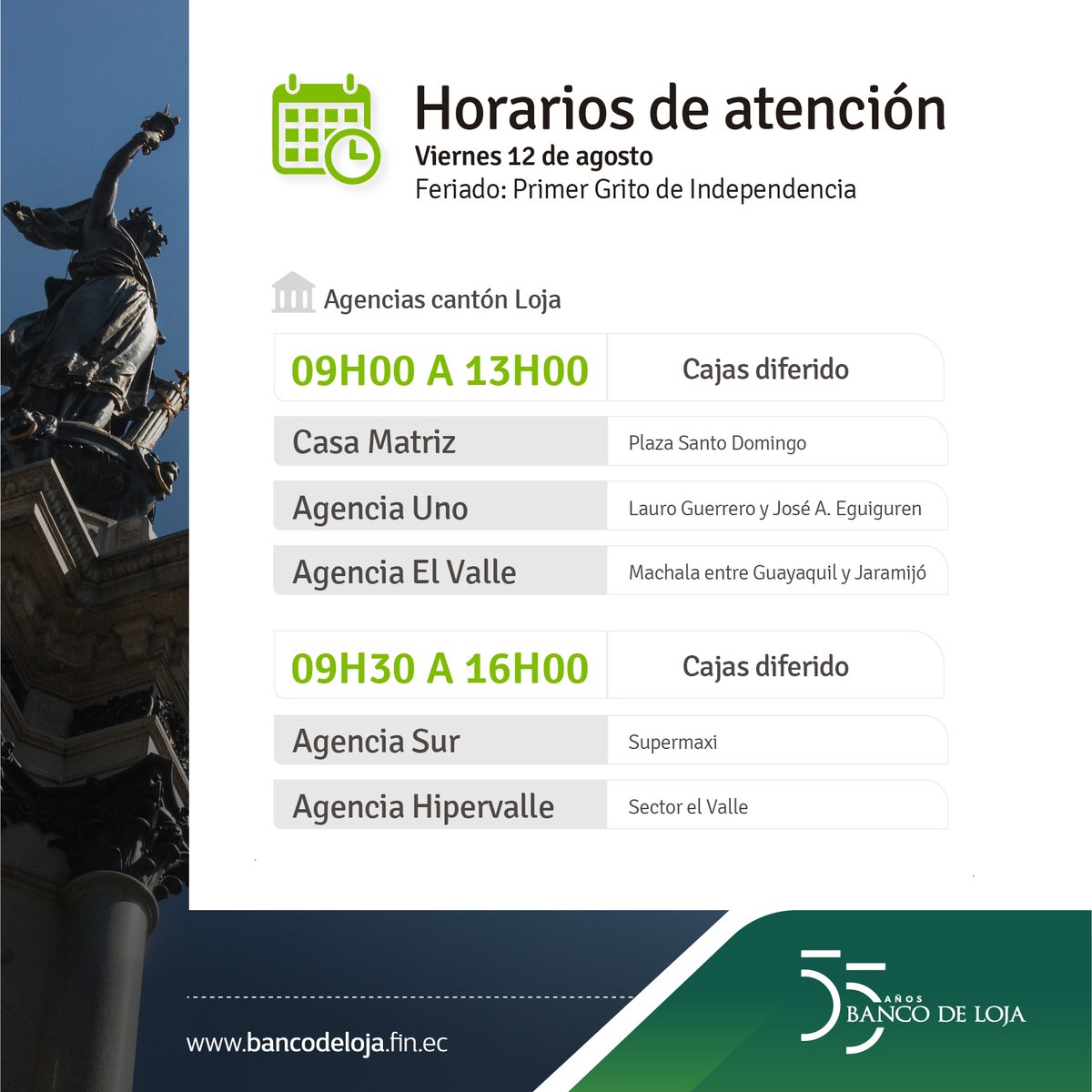 BancodeLoja_'s tweet photo. Te mantenemos informado 👨🏻🤳🏻👌🏻

Conoce los horarios de atención de nuestras oficinas para este feriado  🎉🎊

Recuerda que puedes hacer uso de nuestros canales electrónicos 24/7 para realizar tus transacciones desde donde te encuentres 🤝 https://t.co/EBGj6p0abR