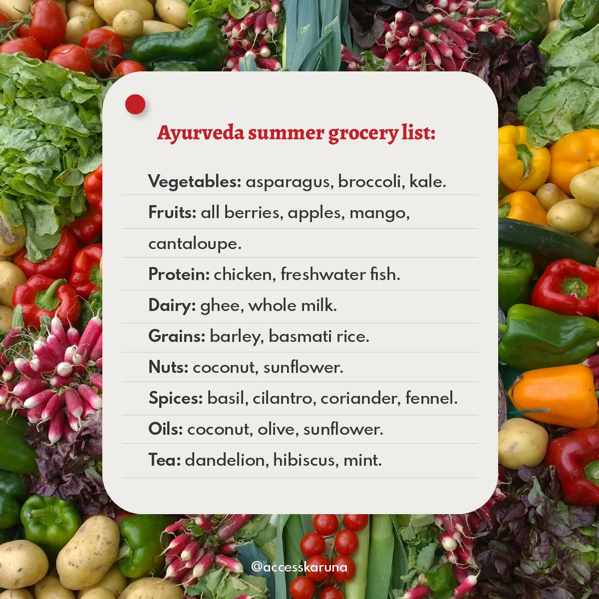 accesskaruna's tweet photo. Mood elevating ingredients for your next trip to @traderjoes.

How we nourish our bodies physically impacts how we feel emotionally. Treat your mind and body to seasonally-inspired ingredients with this ayurvedic shopping list. 

#holistichealth #herbs #foodismedicine #ayurveda https://t.co/uBuHfAyn1R