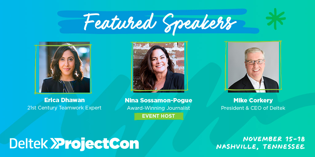 🗣️ Just announced: <a href="/ericadhawan/">Erica Dhawan</a>, <a href="/NinaSossP/">Nina Sossamon-Pogue</a> and <a href="/mpcorkery/">Mike Corkery</a> are set to take center stage at #DeltekProjectCon as this year’s keynote speakers &amp; host! 

Check out the full lineup + register today: ow.ly/uSxt50Kh80w 

#DeltekProjectNation