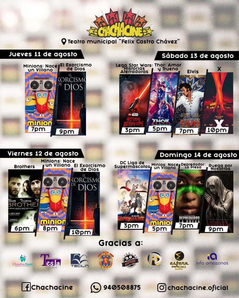 infoamazonas1's tweet photo. #InfoAmazonas 
#VamosAlCine
Este jueves 11, viernes 11, sábado 13 y domingo 14 de agosto, #Chachacine presenta su cartelera, con lo mejor del séptimo arte...

#Chachacine 
#VamosPorMás https://t.co/jy126D3gqF