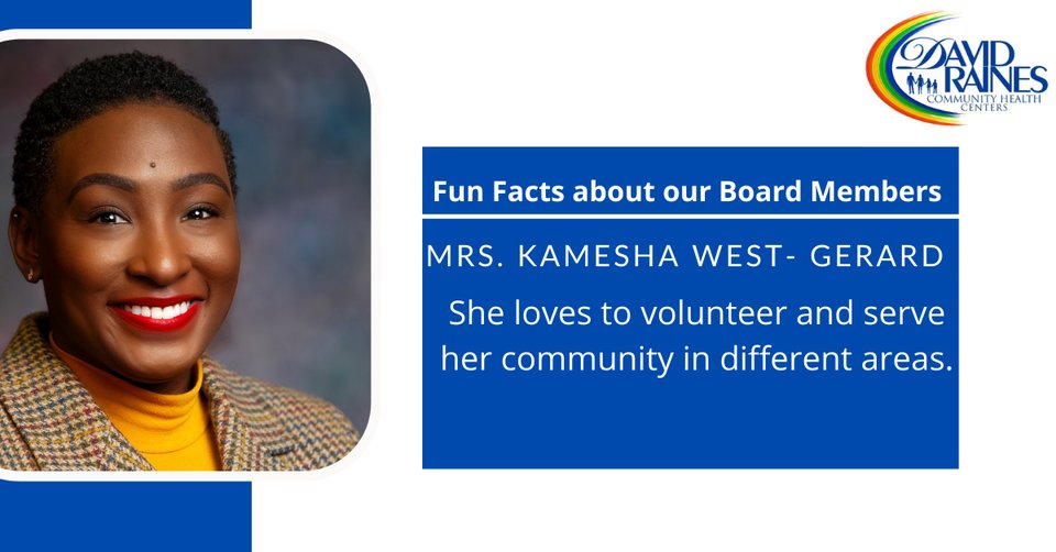 DavidRainesCHC_'s tweet photo. Fun facts about our board members
Mrs. Kameisha West-Gerard has served on David Raines Community Health Center's board for four years. In 2018, she became the secretary of David Raines Community Health Center's Board. Mrs. West-Gerard loves volunteering and making an impact. https://t.co/nqCb1Va2AP