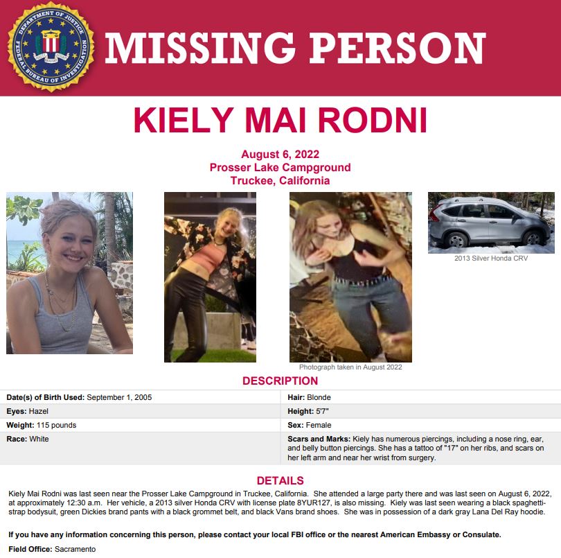 FBI MISSING PERSON POSTER: 
The FBI in Sacramento has released this poster on Kiely Rodni. She and her Honda SUV remain missing. If you have any information that can help authorities, you can remain anonymous by calling (530) 581- 6320 Option 7. Details: bit.ly/3zL0Jfm