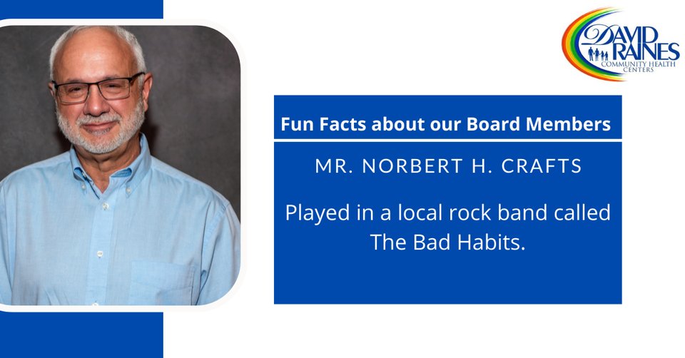 DavidRainesCHC_'s tweet photo. Fun facts about our board members
Mr. Norbert has served on David Raines Community Health Center's board for four years. In 2018, he joined the board.  Mr. Crafts use to play drums in a local band called the Bad Habits. https://t.co/IRLW0yjq0g
