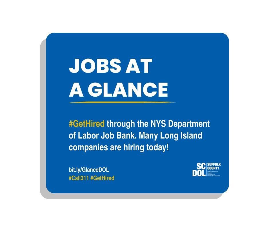 SuffolkLabor's tweet photo. Looking for a new Job? Career? Industry?
Visit https://t.co/kGbteCKHeR to check out this week's list of hundreds of job opportunities all over Long Island and NYS!
#LIatWork #SucceedInSuffolk #Call311 #GetHired #Opportunitynys https://t.co/6IWd8A4kmn