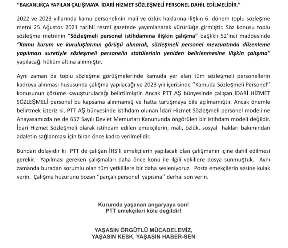 PTT'de köleliğe mahkum edilen İHS’li arkadaşlarımızın da Çalışma Bakanlığı'nın kamuda sözleşmeli çalışanların kadroya alınması  çalışmasına dahil edilmesi için çağrıda bulunduk.
Güvencesiz çalışmaya son verilsin,
tüm sözleşmelilere kadrolu güvenceli iş sağlansın!#PTTihsliyeKADRO
