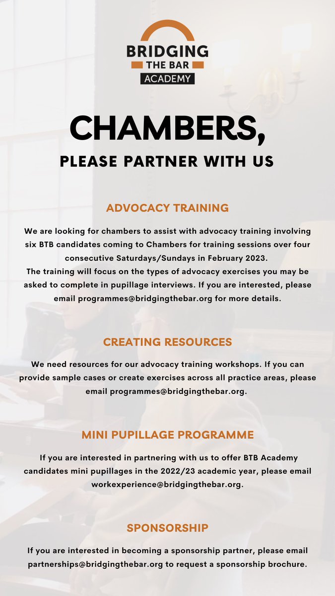 Please share with any chambers, barristers, judges and pupils in your network that would be interested in volunteering with <a href="/BridgeTheBar/">Bridging the Bar</a>.

Link for individual barristers to volunteer here: docs.google.com/forms/d/e/1FAI…