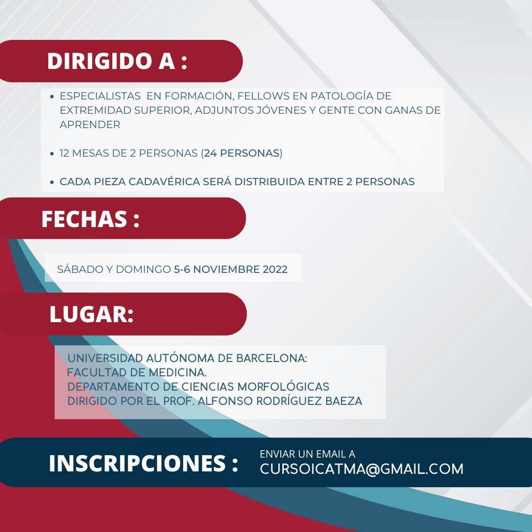 DrBarreraochoa's tweet photo. Nuevo Curso PRÁCTICO en cadáver de Cirugía de Extremidad Superior

▪️Abordajes quirúrgicos 
▪️Anatomía de cada abordaje 
▪️Técnicas quirúrgicas (básicas y avanzadas)

Curso 100% práctico!!

📍Facultad de Medicina UAB 

Fechas: 5-6 de noviembre del 2022
ℹ️ cursoicatma@gmail.com https://t.co/TfPiFJXHMg