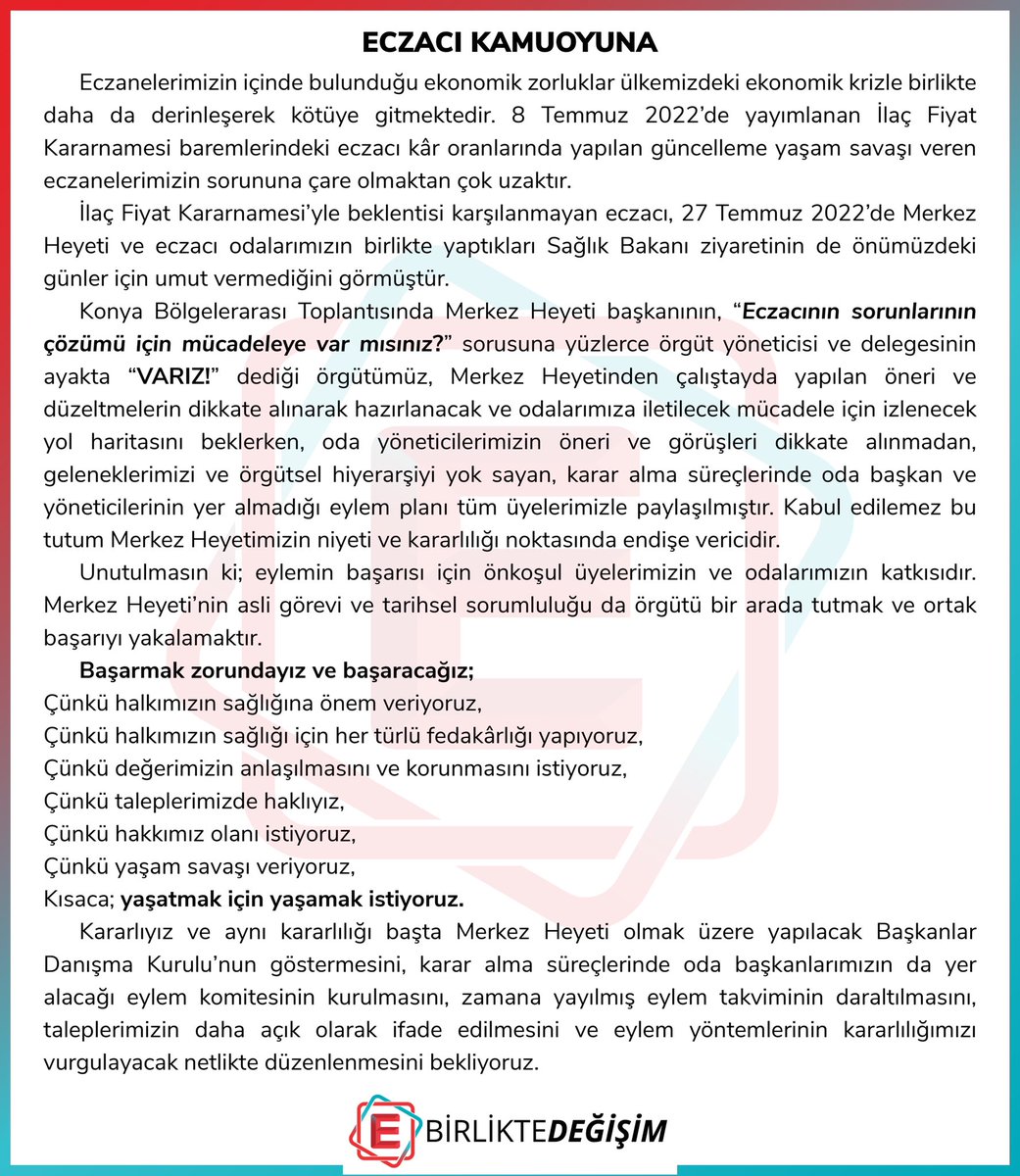 Eczacı Kamuoyuna;
İfk ve Eylem Süreci Hakkında Açıklama
