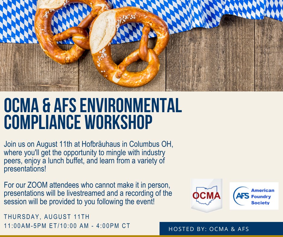 Don't forget to register for the upcoming OCMA &amp; AFS Environmental Compliance workshop in Columbus, OH! You'll get the opportunity to mingle with industry peers, enjoy a lunch buffet, and learn from a variety of presentations!

Registration Link: ow.ly/c4pr50KgW9Z