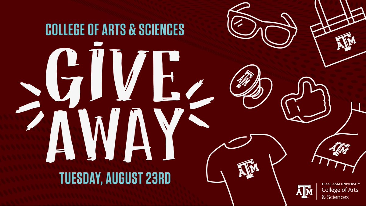 Texas A&M Arts & Sciences (@tamuartsci) on Twitter photo Follow us on our social media accounts <a href="/TAMUArtSci/">Texas A&M Arts & Sciences</a> for a chance to win College of Arts & Sciences gear! Winners will be drawn on Aug 19 and pick-up will be at the Launch Party on Aug 23. Must be a current student. #HowdyWeek2022 Follow us on our social media accounts <a href="/TAMUArtSci/">Texas A&M Arts & Sciences</a> for a chance to win College of Arts & Sciences gear! Winners will be drawn on Aug 19 and pick-up will be at the Launch Party on Aug 23. Must be a current student. #HowdyWeek2022
