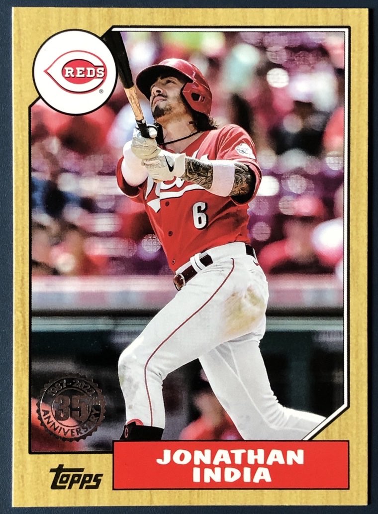 doctor_linux's tweet photo. A unique card. The only “base” ’87 parallel in @Topps series 2 for the @Reds ! @JonathanIndia joins @JoeyVotto @BarryLarkin @JesseWinker and Sony Gray from series 1. Lots of ’87 parallels in series 1 and 2. But only 5 “base”. We’ll see what @Topps updates series has for ’87. https://t.co/kZWHlEkC9m