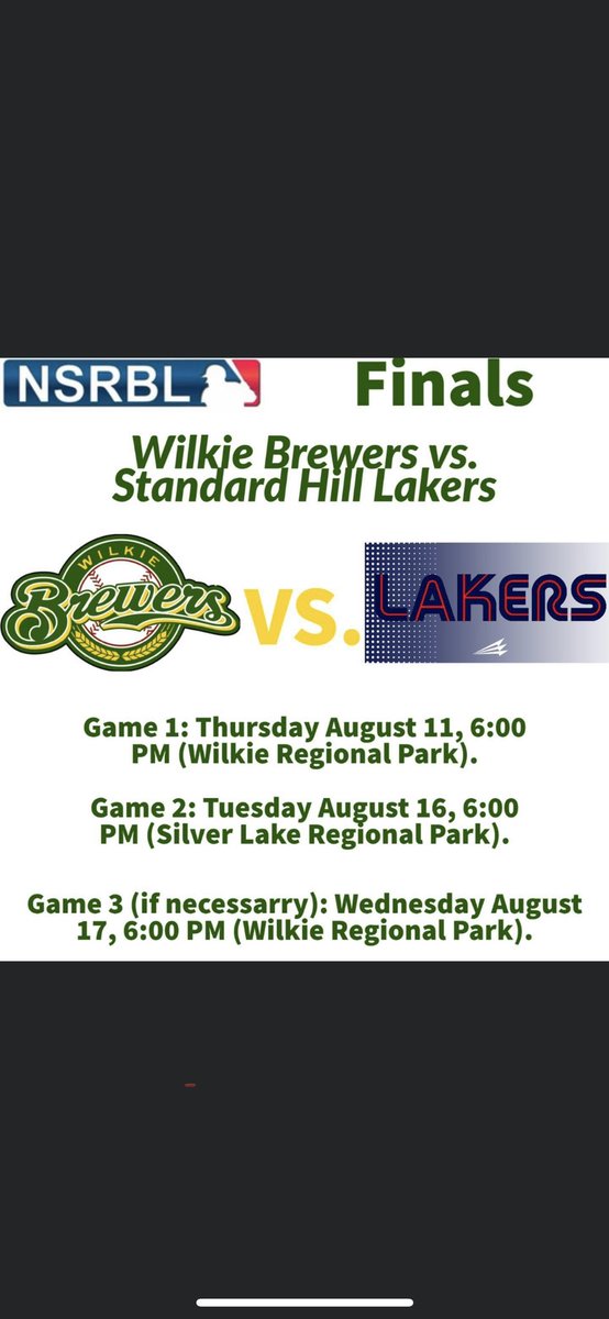 Here’s a look at our league final schedule that kicks off tomorrow night at home. Note that all games are a 6:00 start to help with daylight. #baseball
