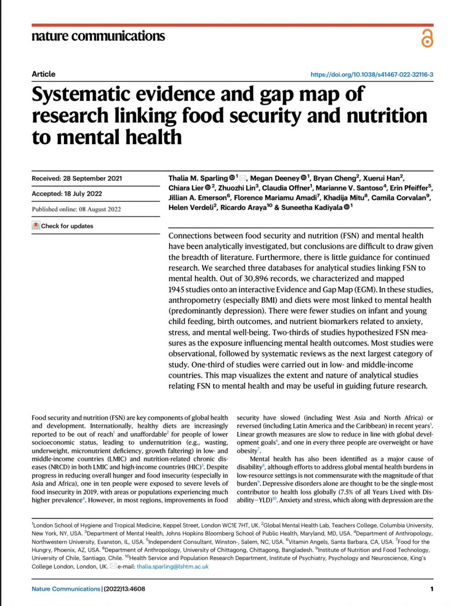 GMHLab_TC's tweet photo. Hot off the press @NatureComms, @GMHLab_TC director of research Bryan Cheng and founder Helen Verdeli just published a systematic evidence and gap map of research linking #FoodSecurity and #Nutrition with #MentalHealth led by the @ANH_Academy @LSHTM team!
https://t.co/z0nHtg3lZ5 https://t.co/oGWyWMigZg