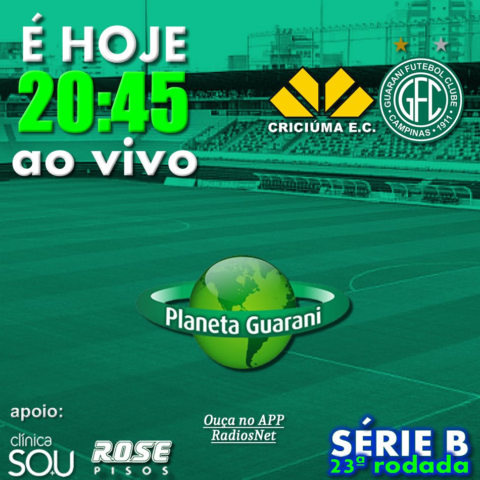 É SÓ CLICAR: radios.com.br/play/118254
HOJE TEM GUARANI! Em Criciúma o Bugre volta a campo com expectativas de estreias e precisando vencer fora de casa na Série B! A gente transmite ao vivo DE TORCEDOR PRA TORCEDOR, VAMOS JUNTOS?