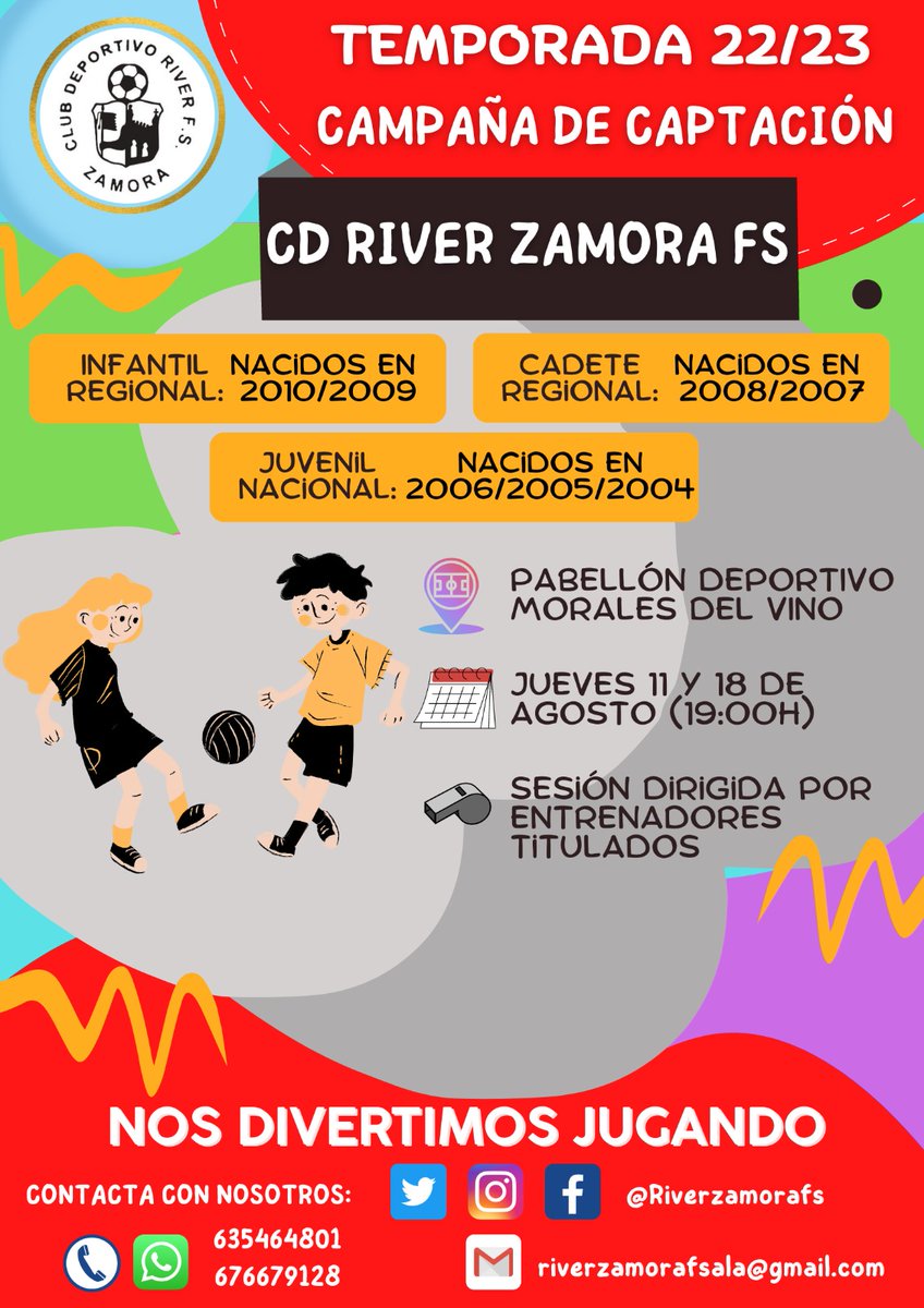 VEN A DIVERTIRTE CON NOSOTROS. 
📅Jueves 11 y 18 de AGOSTO
⌚19 horas
📌Pabellón de Morales del Vino. 
Ven a realizar las pruebas para jugar en los equipos INFANTIL Y CADETE REGIONAL y JUVENIL DIVISIÓN DE HONOR.
Si tienes dudas, contacta primero con nosotros.