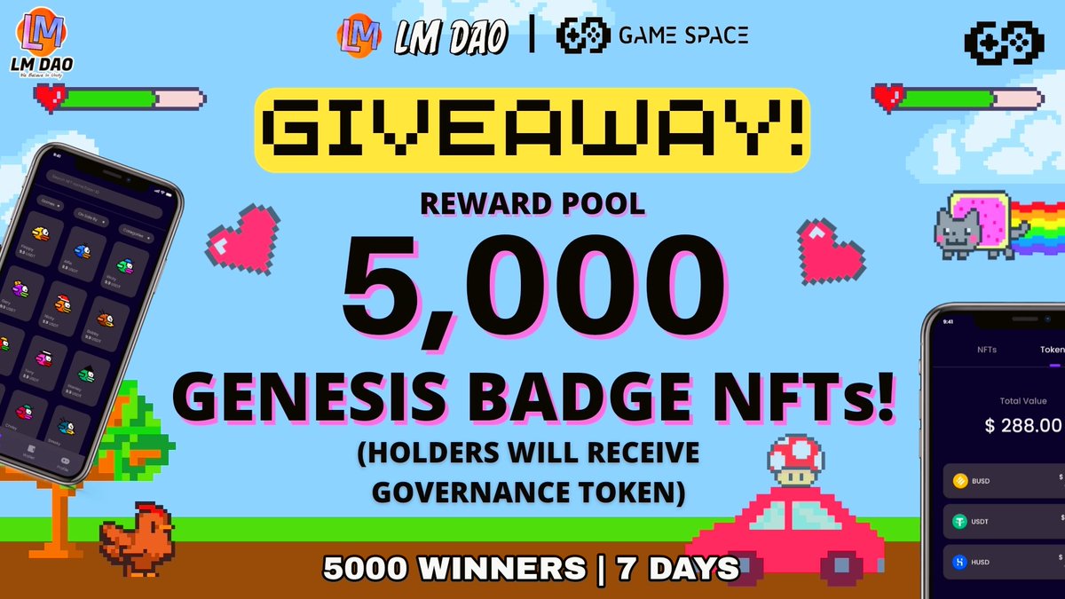 📣Massive #Giveaway🔥

😱 Reward Pool-
🎁 5,000 Genesis Badge NFTs 🚀
(Benefits- Holders Will Receive Future Wl,Rewards,Airdrops etc.)😍

To Enter:
✅Follow <a href="/dao_lm/">LM DAO (💰,❤)</a> &amp; <a href="/Gamespace_NFTs/">GameSpace</a>
✅RT &amp; Tag 5 Frns
✅Finish #Gleam Tasks: giv.gg/lmdaogamespace

7 DAYS⏰
 #Airdrop #NFTGiveaway