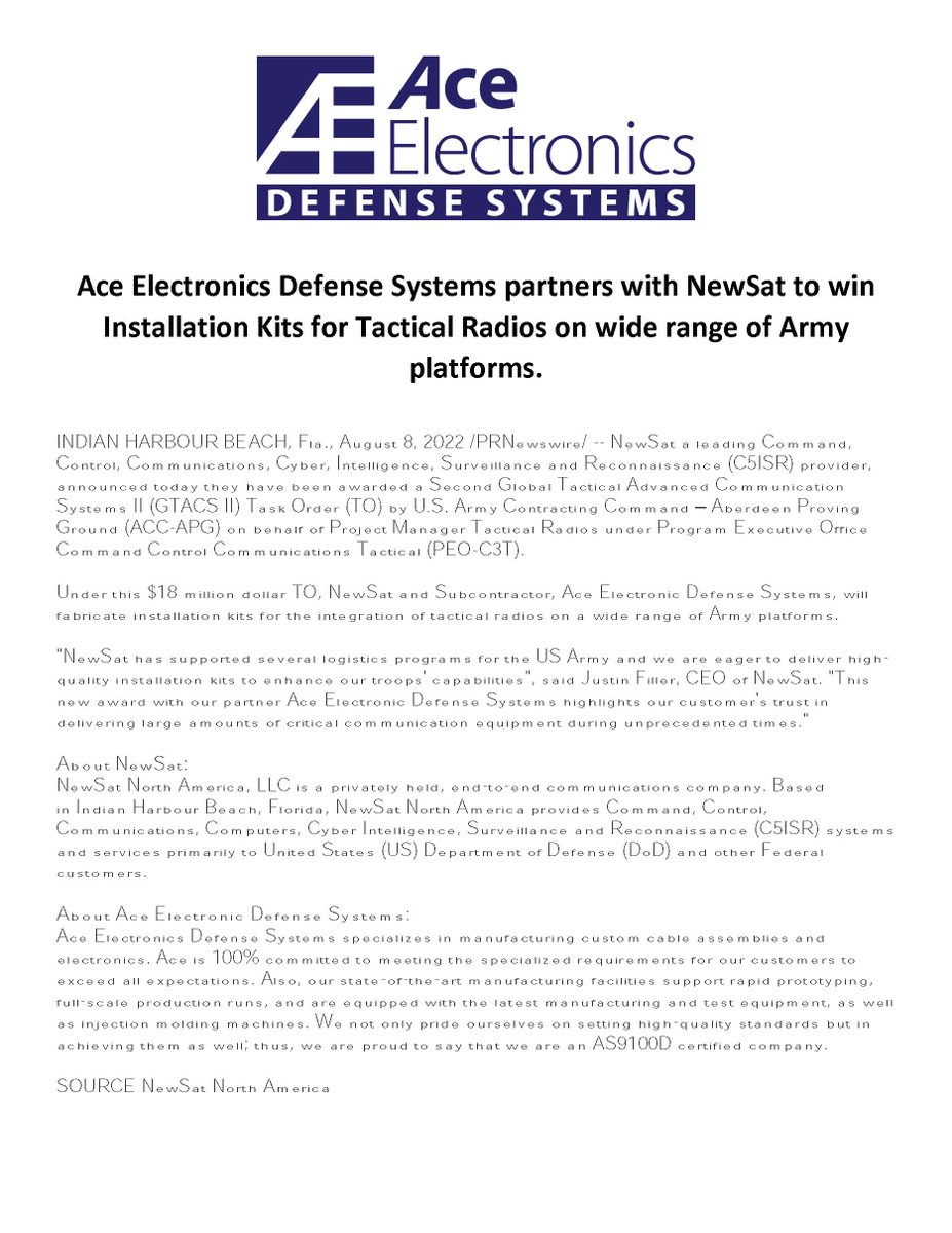 AceElectronics_'s tweet photo. Ace Electronics Defense Systems is proud and very excited to support NewSat as their major subcontractor for the Tactical Radio Installation Kits!  Read more below and at https://t.co/TltKTFx1cw! https://t.co/1B8fbzWly4