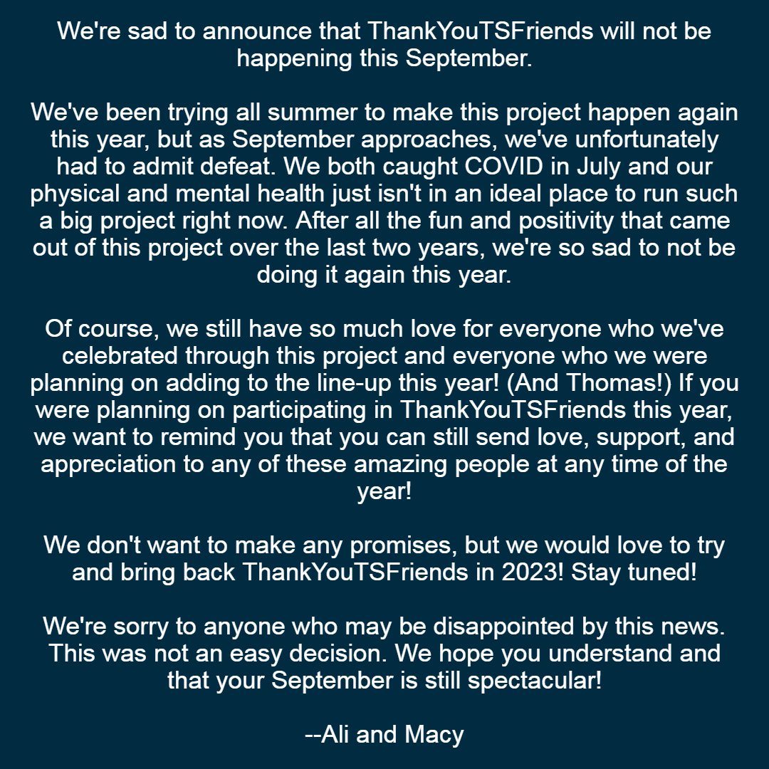 ThanksTSFriends's tweet image. We're sad to announce that ThankYouTSFriends will not be happening this September.
