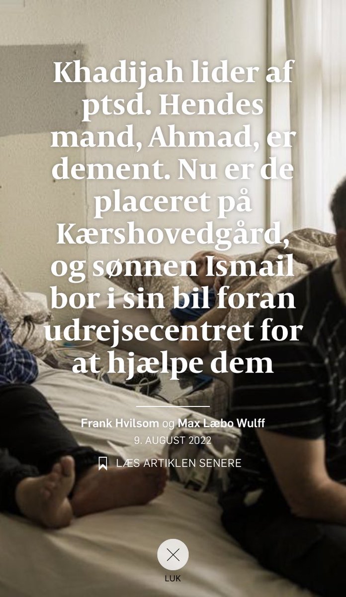 Den her historie har været med mig hele dagen.

Hvor længe skal Ismail sove i sin bil uden for udrejsecentret for holde sine demente og krigstraumatiseret forældre i live?

Der er en skamplet på Danmark!

#dkpol