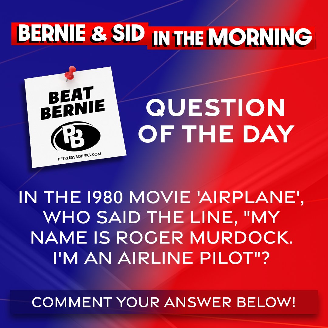 redapplepod's tweet photo. #BEATBERNIE Question of the Day:
In the 1980 movie 'Airplane', who said the line, "My name is Roger Murdock. I'm an airline pilot"?
Reply in the comments! https://t.co/dWflCydZAk