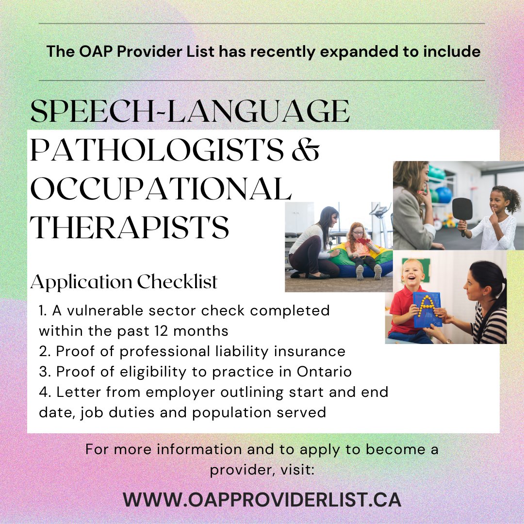 AutismONT's tweet image. #OccupationalTherapists #SpeechLanguagePathologists who have experience working with children &amp;amp; youth with autism can join the OAP Provider List, a free online resource for families to search for clinicians providing services to autistic children &amp;amp; youth: oapproviderlist.ca