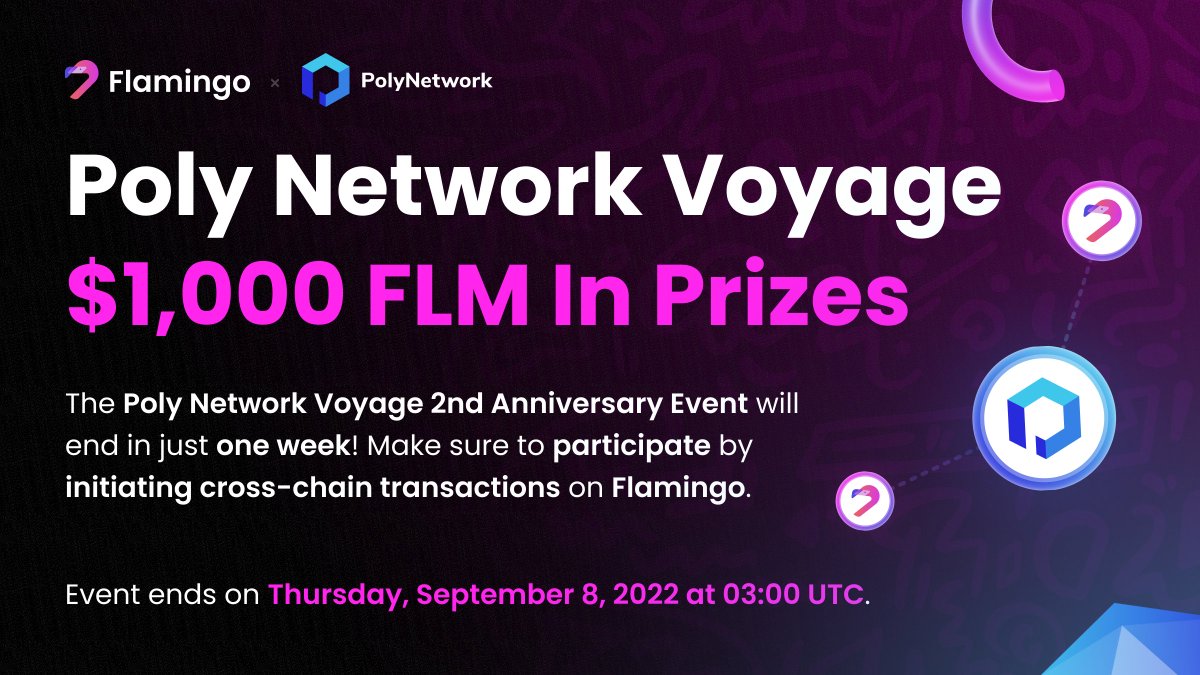 🏆 There's just one week left in the Poly Network Voyage 2nd Anniversary event! With $1,000 FLM in prizes, make sure to participate by initiating cross-chain transactions on Flamingo. 👉 Event details: medium.com/flamingo-finan… #Flamingo #PolyNetwork #CrossChain #DeFi #Crypto