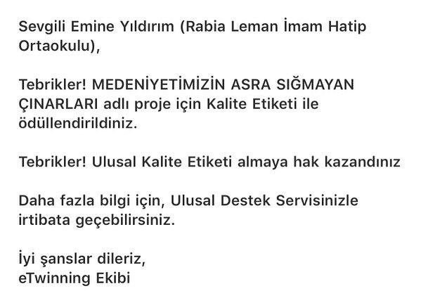 eminent_1453's tweet photo. 🏆🏆 2 ayrı eTwinnig projem ile ulusal kalite etiketi ödülü almaya hak kazandım. 🤗
Kurucusu olduğum “Medeniyetimizin Asra Sığmayan Çınarları” projesi ile “Ne Zorba Ol Ne Mağdur” adlı yürüttüğüm diğer projem, kalite etiketi ile ödüllendirildi şükürler olsun 🤲🏼
#eTwinning https://t.co/SnIUxkYfpH