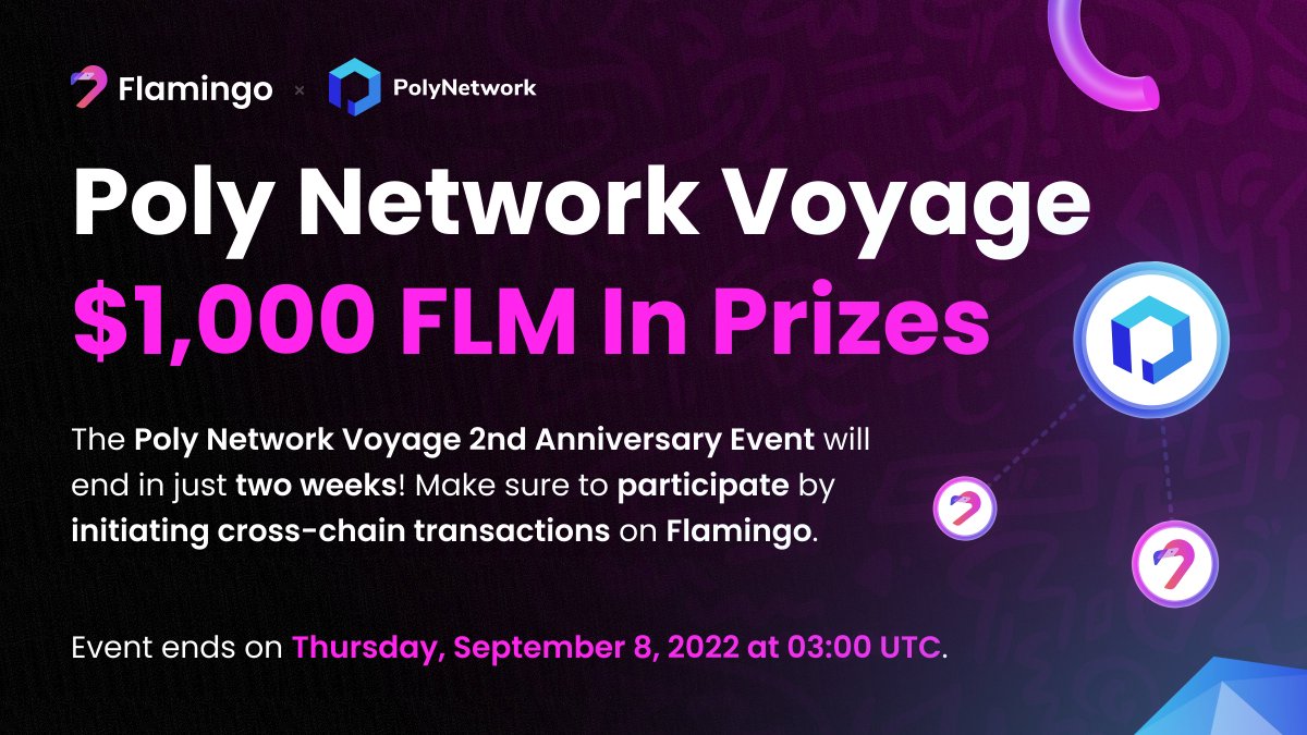 🏆 There's just two weeks left in the Poly Network Voyage 2nd Anniversary event! With $1,000 FLM in prizes, make sure to participate by initiating cross-chain transactions on Flamingo. 👉 Event details: medium.com/flamingo-finan… #Flamingo #PolyNetwork #CrossChain #DeFi #Crypto