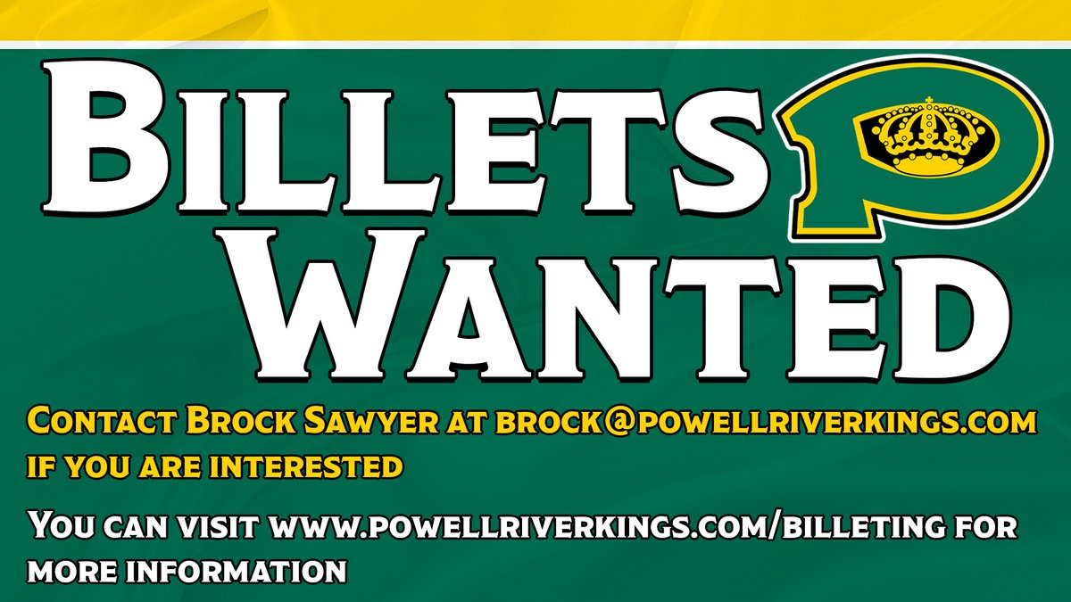 We are looking for a few more billet families for the upcoming season. 

You can visit powellriverkings.com/billeting for more information.

If you are interested and/or have any questions please contact Brock Sawyer at brock@powellriverkings.com