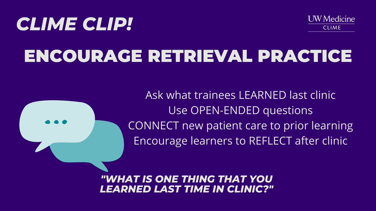 UW_CLIME's tweet photo. Check out our recent CLIME CLIP!  

Use the strategies below to encourage retrieval practice when working with clinical learners.  

#MedEd #MedTwitter #HPE https://t.co/Pia60JEUms