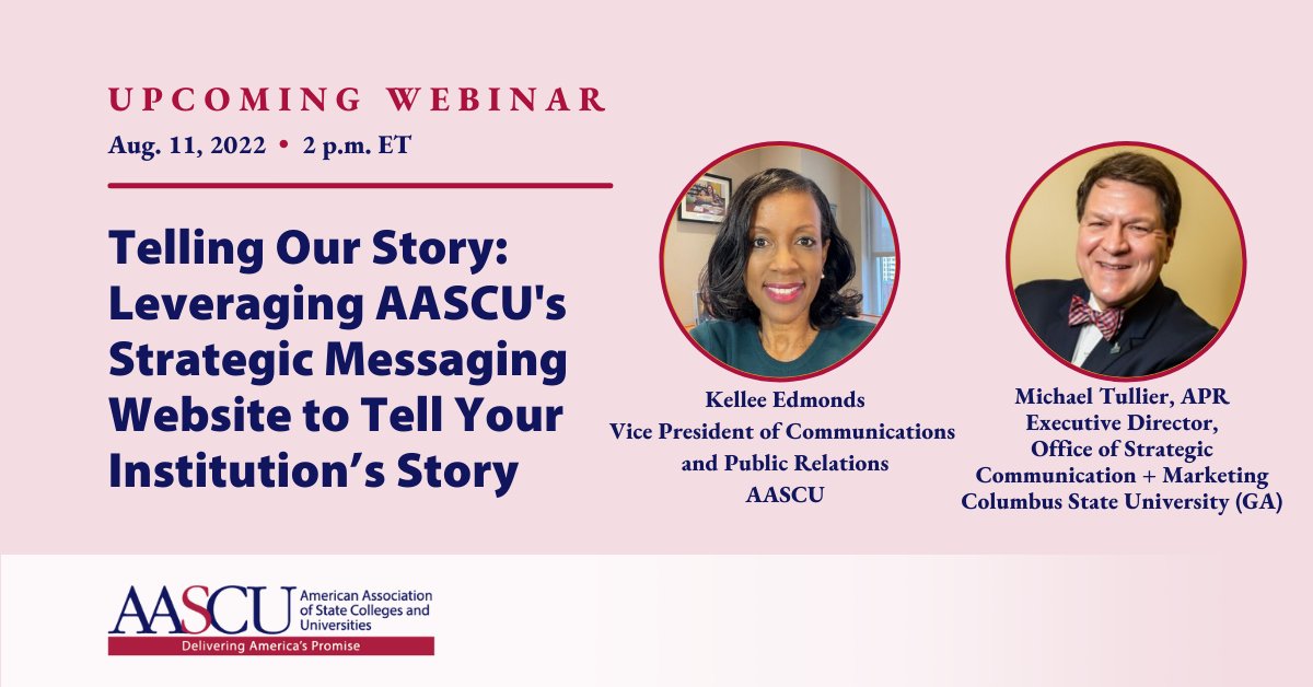 AASCU's tweet image. Your institution’s story matters. Join AASCU’s VP of Comms &amp;amp; PR @kpe24 &amp;amp; @ColumbusState&apos;s @michaeltullier TOMORROW at 2pm ET for a webinar on how AASCU campus communicators can use the #AASCUTellingOurStory site to showcase the value of their institutions: bit.ly/3vTNAPQ
