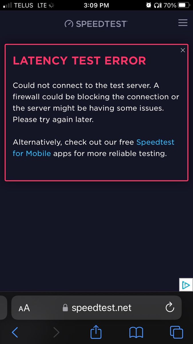 por_qpine's tweet photo. @TELUSsupport @telus why is your LTE network so slow in Markham, ON [hwy 404/7]?  

Performance is so bad, half the time speed-test can't even run, the other half, the results to your own test server is abysmal [VIA Iphone SE 2020]. https://t.co/HmVcBHtLk9