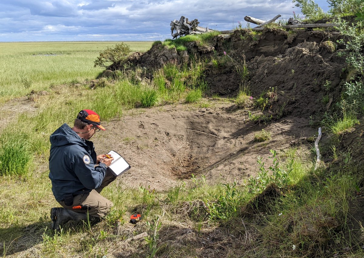 Just wrapped up fieldwork investigating CH4 release in the western Arctic with colleagues: <a href="/PeterfrostMorse/">Peter Morse</a>, @leximollica, <a href="/claudiawood130/">Claudia Wood</a>, @JackieGoordial &amp; Jalal &amp; Chase from <a href="/NRC_CNRC/">NRC Canada</a>. It was so nice to finally work with everyone in person. Here Peter takes notes at a #pingo.