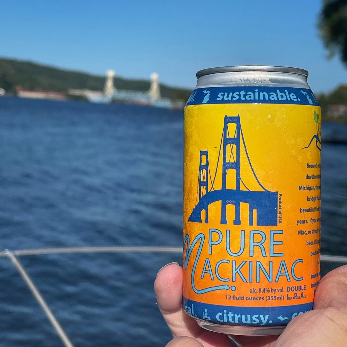 tripelroot's tweet photo. Thanks to OG Mug 101 for this glamour shot of Pure Mack! Who recognizes the bridge in the background? #puremackinac #beerme #tripelroottravels #yooperlife #mibeer #lakelife #tripelroot https://t.co/kX6JBReFT4