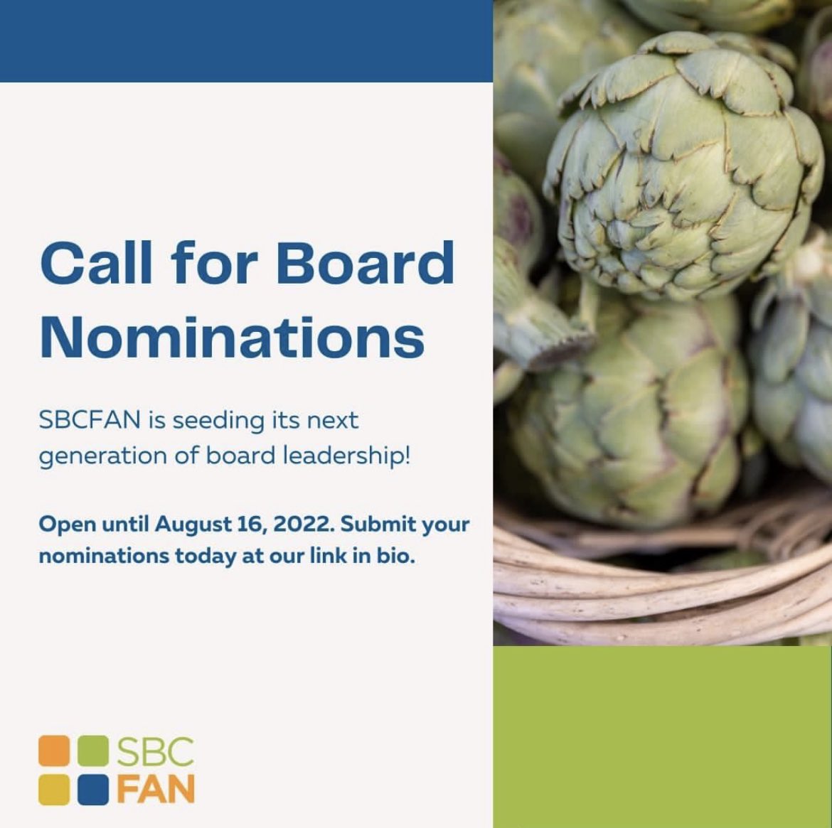 I have been fortunate to serve as both an Executive Committee member and currently Board Chair for SBCFAN. Now it time for new Santa Barbara County Food Action Network board members! Please apply by August 16 2022!
More details and apply here: sbcfan.org/call-for-board…