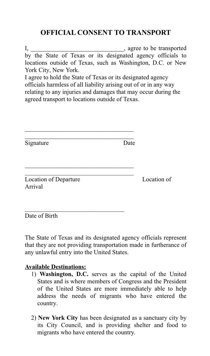 BillMelugin_'s tweet photo. NEW: This is an English version of the voluntary consent waiver migrants sign before agreeing to take a TX bus to Washington D.C. or NYC, Gov. Abbott’s office tells me. They say it’s available in multiple languages, &amp; allegations migrants are bussed against their will are false. https://t.co/bekXjHh1aI