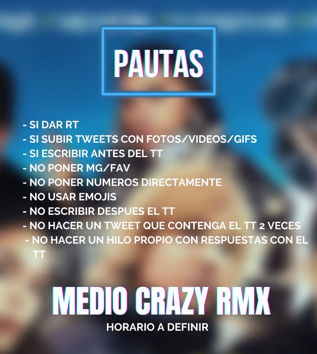 TENDENCIA para el estreno de mañana 💥

— Junto a otras cuentas de información, nos unimos para organizar la tendencia MEDIO CRAZY RMX! 

— Horario a definir ⏰ 

!Los esperamos! 🎶
