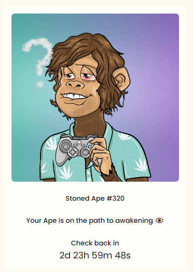 v1rtualn0mad's tweet photo. Just saved up more #puff for my second last #sac to go through his awakening. Sent him off to have his mind opened thanks to the wise #stonedapecrew and their #magicjs #sticktothepath #LFG #alwaysbuilding #SolanaNFTs https://t.co/KbFEok7pFA