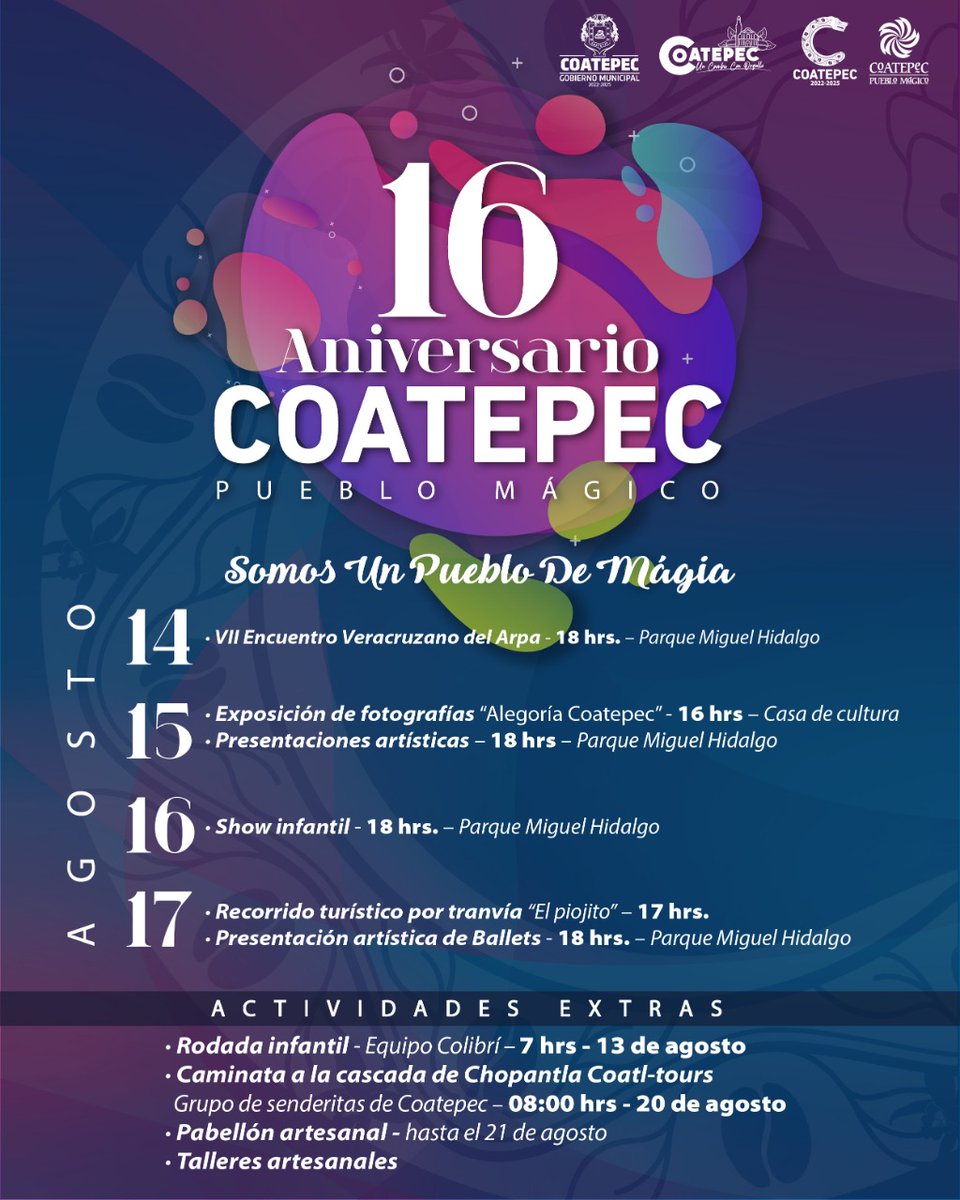 El H. Ayuntamiento de Coatepec invita a su 16 Aniversario como Pueblo Mágico, que se llevará a cabo del 14 al 17 de agosto.
Habrá muchas actividades.

¡Ven y celebra con nosotros!
