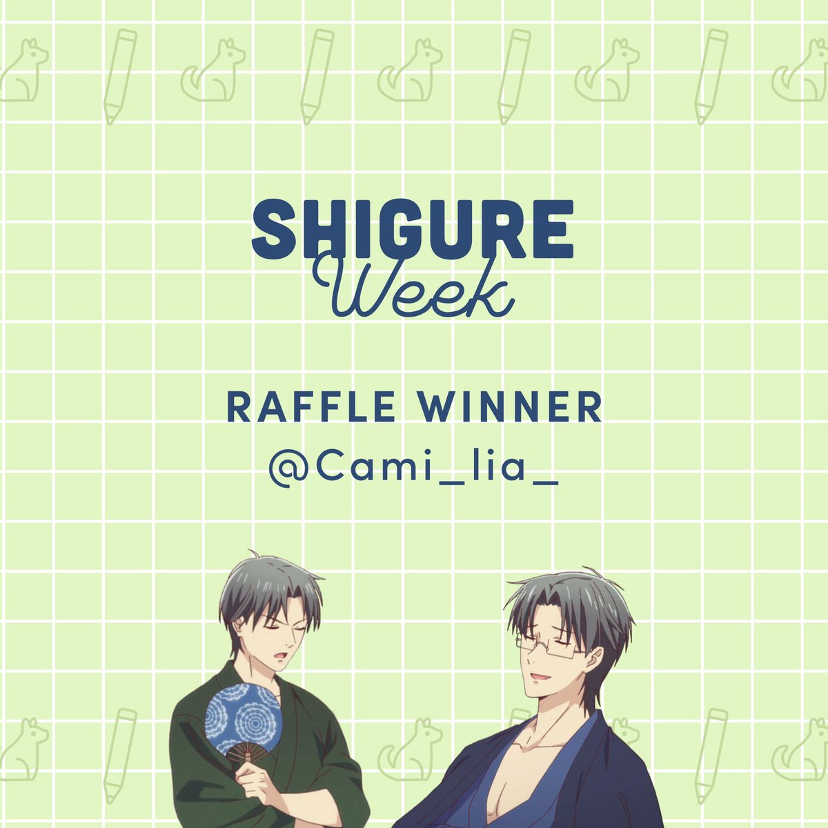 ShigureWeek's tweet photo. Hello everyone! We are excited to announce that the winner of the Shigure Week raffle Is @Cami_lia_ 
The winner will be messaged shortly regarding their prizes! 
We want to thank everyone who has participated In Shigure Week, We truly appreciate your participation &amp; support! 💚 https://t.co/5IiBULtzGk
