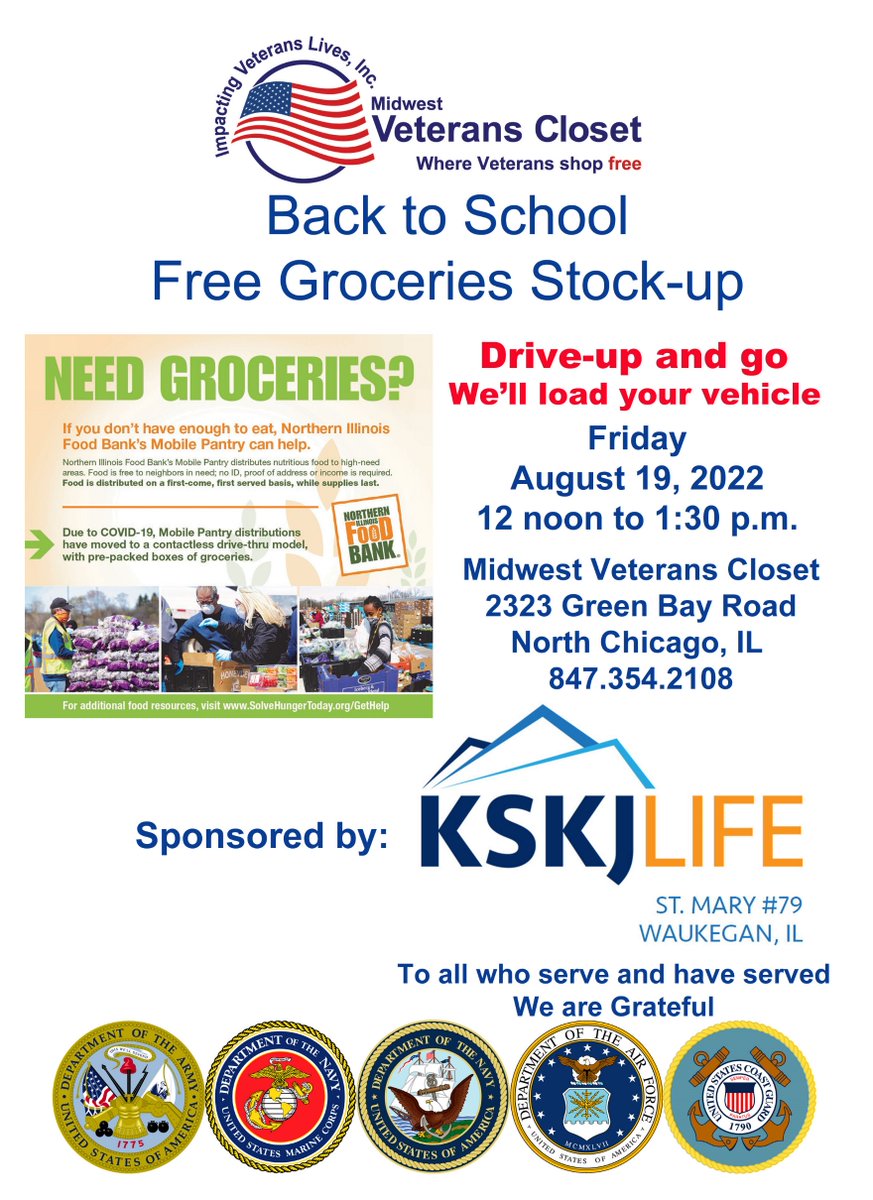 If you're in a need for groceries you can stock-up for FREE at Midwest Veterans Closet. Sponsored by @KSKJLife. Friday, August 19, Noon to 1:30 p.m. 2323 Green Bay Rd., North Chicago, IL