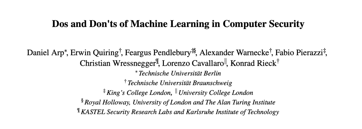 Konrad Rieck 🌈 (@mlsec) on Twitter photo We are really thrilled that our paper "Dos and Dont's of Machine Learning in Computer Security" received a Distinguished Paper Award at <a href="/USENIXSecurity/">USENIX Security</a> 🏆
Joint work across <a href="/bifoldberlin/">BIFOLD</a> <a href="/CASA_EXC/">CASA - Cluster of Excellence for Cyber Security</a> @tuberlin <a href="/tuBraunschweig/">TU Braunschweig</a> <a href="/KITinformatik/">KIT-Fakultät für Informatik</a> <a href="/uclcs/">UCL Computer Science</a> @kingscollegelon <a href="/IGSnews/">IGS News</a>
1/3 We are really thrilled that our paper "Dos and Dont's of Machine Learning in Computer Security" received a Distinguished Paper Award at <a href="/USENIXSecurity/">USENIX Security</a> 🏆
Joint work across <a href="/bifoldberlin/">BIFOLD</a> <a href="/CASA_EXC/">CASA - Cluster of Excellence for Cyber Security</a> @tuberlin <a href="/tuBraunschweig/">TU Braunschweig</a> <a href="/KITinformatik/">KIT-Fakultät für Informatik</a> <a href="/uclcs/">UCL Computer Science</a> @kingscollegelon <a href="/IGSnews/">IGS News</a>
1/3