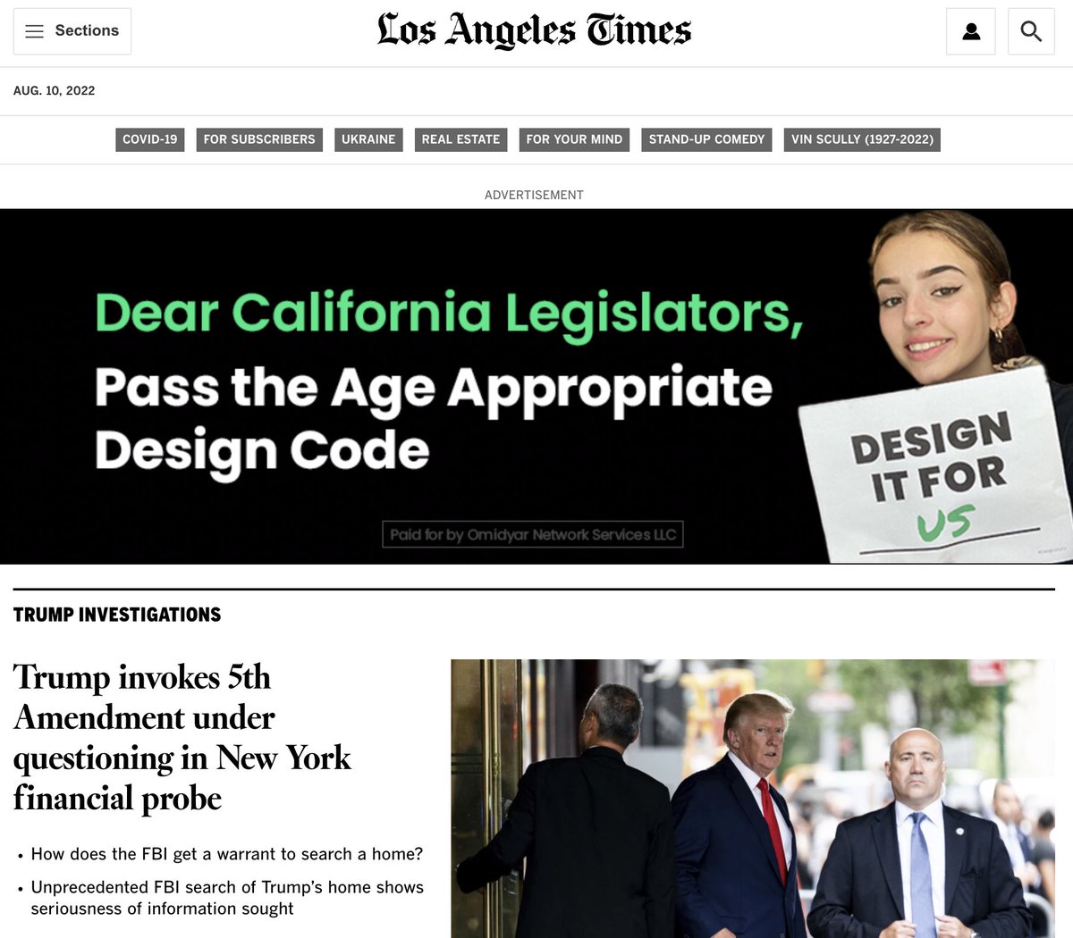 technicallypoli's tweet image. We deserve a safe digital world. Check out the #DesignItForUs homepage takeover of the @LATimes and urging CA lawmakers to support the #CAKidsCode in the Appropriations Committee tomorrow ✨📰