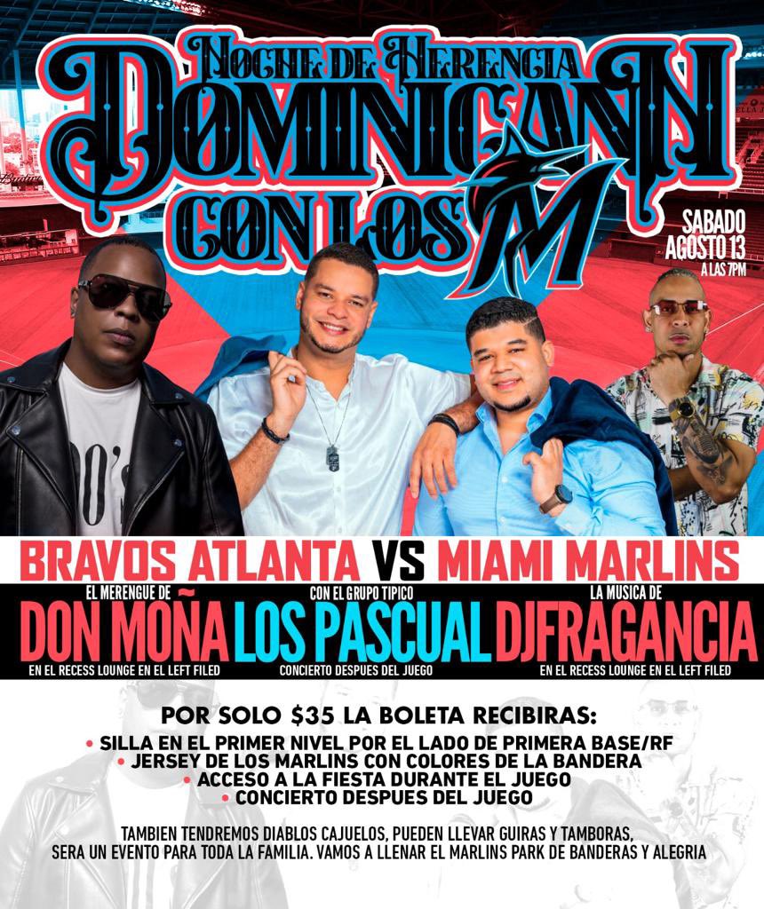 Noche de Herencia Dominicana 🇩🇴 con los Marlins ⚾
Sabado Agosto 13 a las 7pm
Bravos Atlanta vs Miami Marlins

<a href="/djfragancia1/">indisson saldana</a> en el Recess Lounge en el left filed y <a href="/donmonaofficial/">Raymond Aponte</a> cantando en vivo! 
• Concierto despues del juego con el grupo tipico  @lospacuales